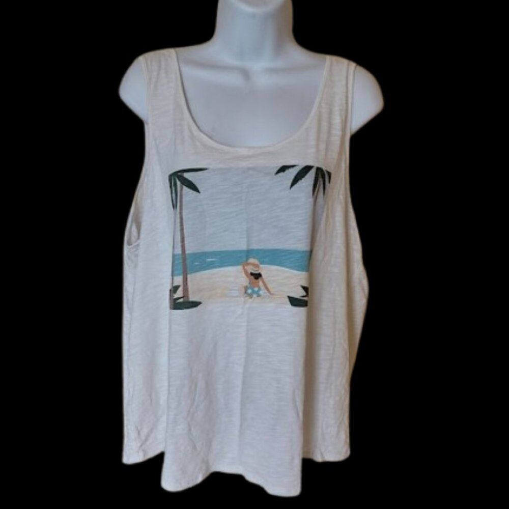 Beach Scene White Loose Fit Jersey Tank Top Size 2X
